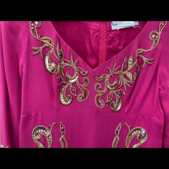 Isabelle Allard Paris Magenta Dress Gold Bead Botanical Paisley Applique - Picture 4 of 11